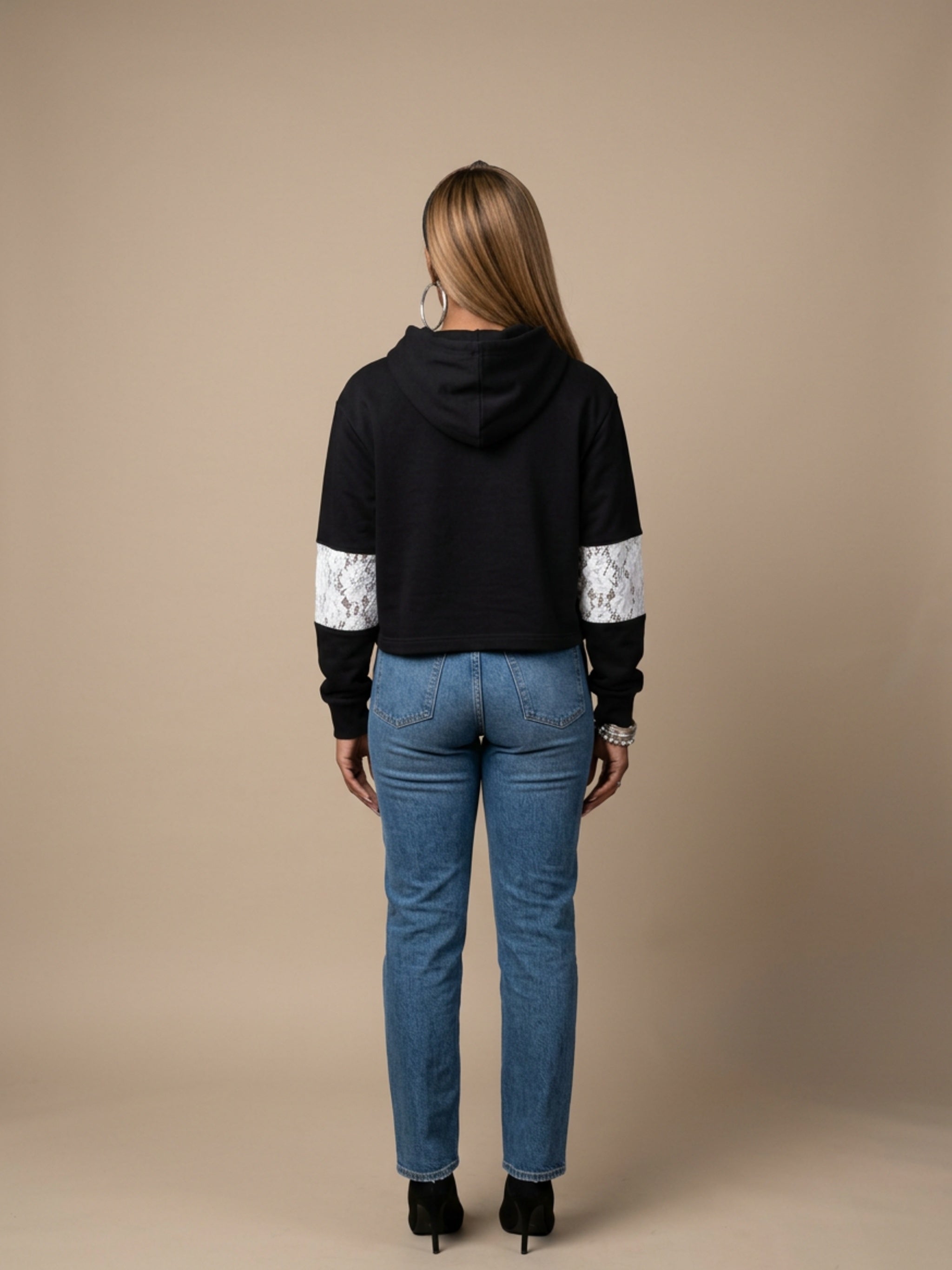 WOMENS 'DOPE'  Cropped Lace-Panel Hoodie
