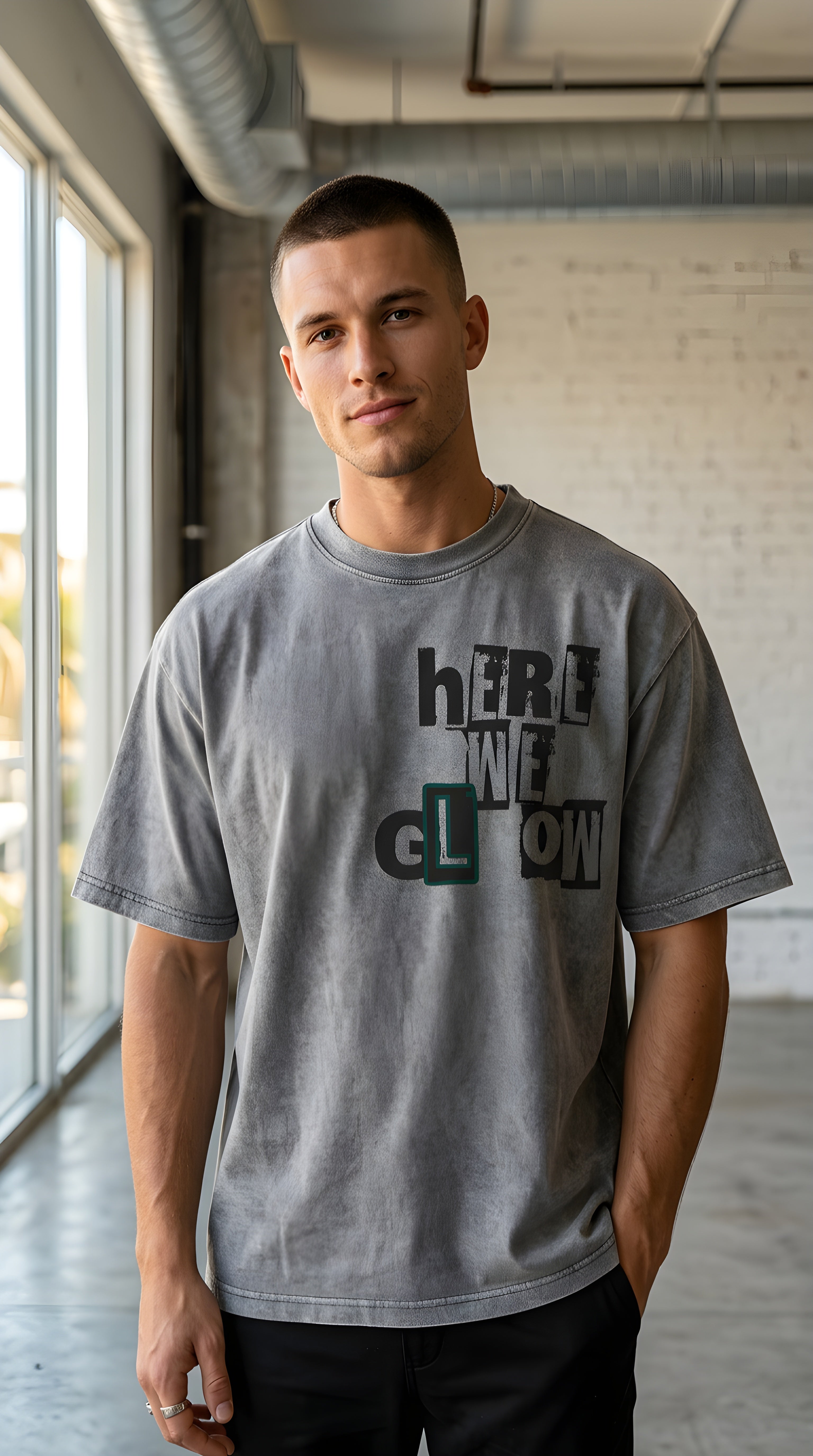 Mens 'HERE WE GLOW' Mineral Wash Waffle Boxy Tee