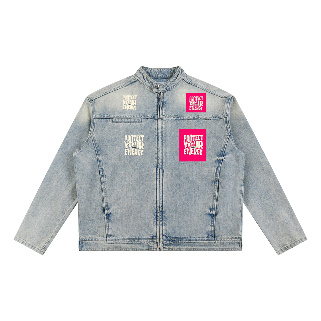 Mens 'PROTECT YOUR ENERGY"  Vintage Wash Zip Denim Jacket