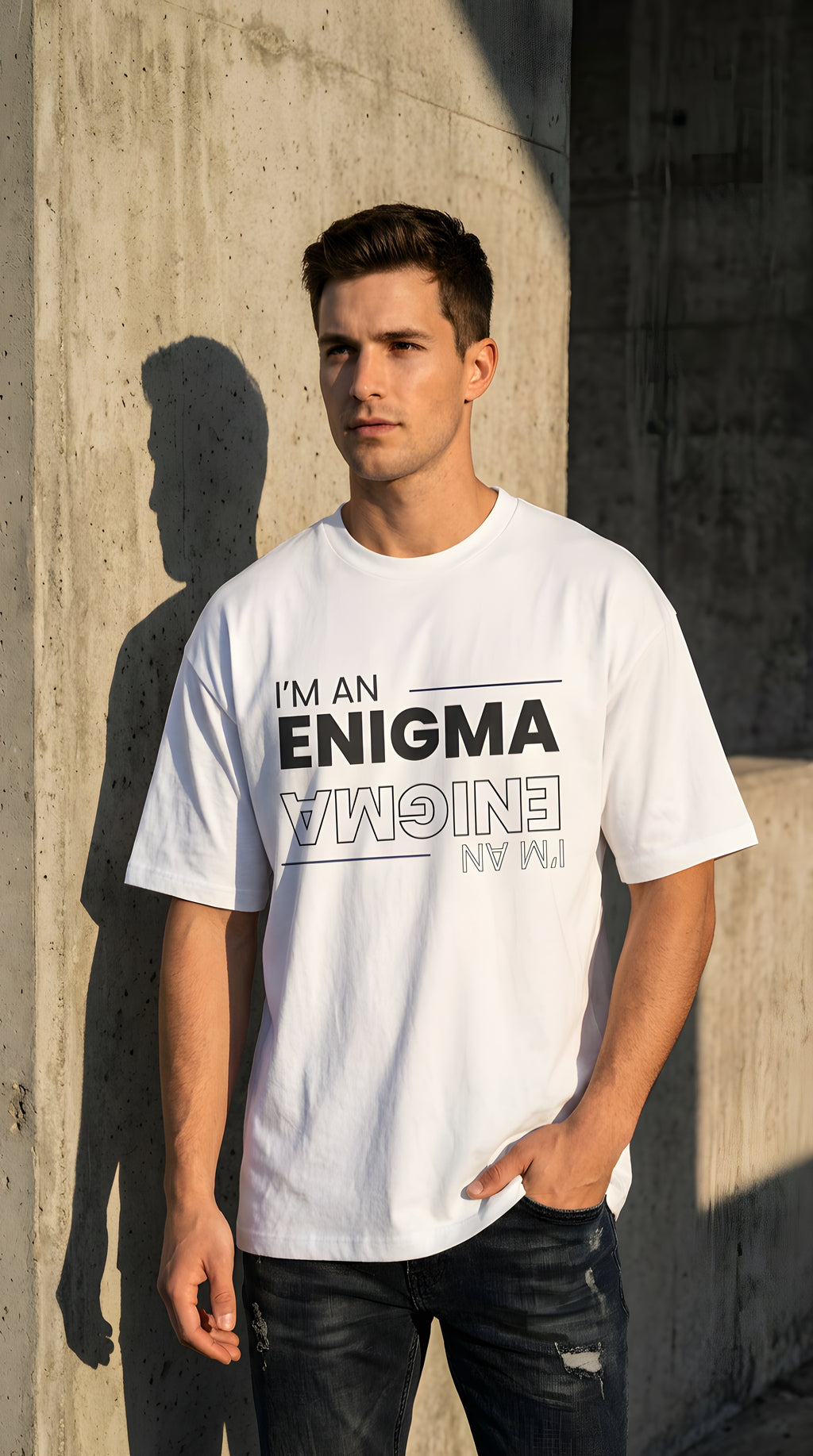 I'm An Enigma Oversized Tee — Graphic Men’s Heavy Cotton Shirt with Back Star & "Blunt & Bold" Print