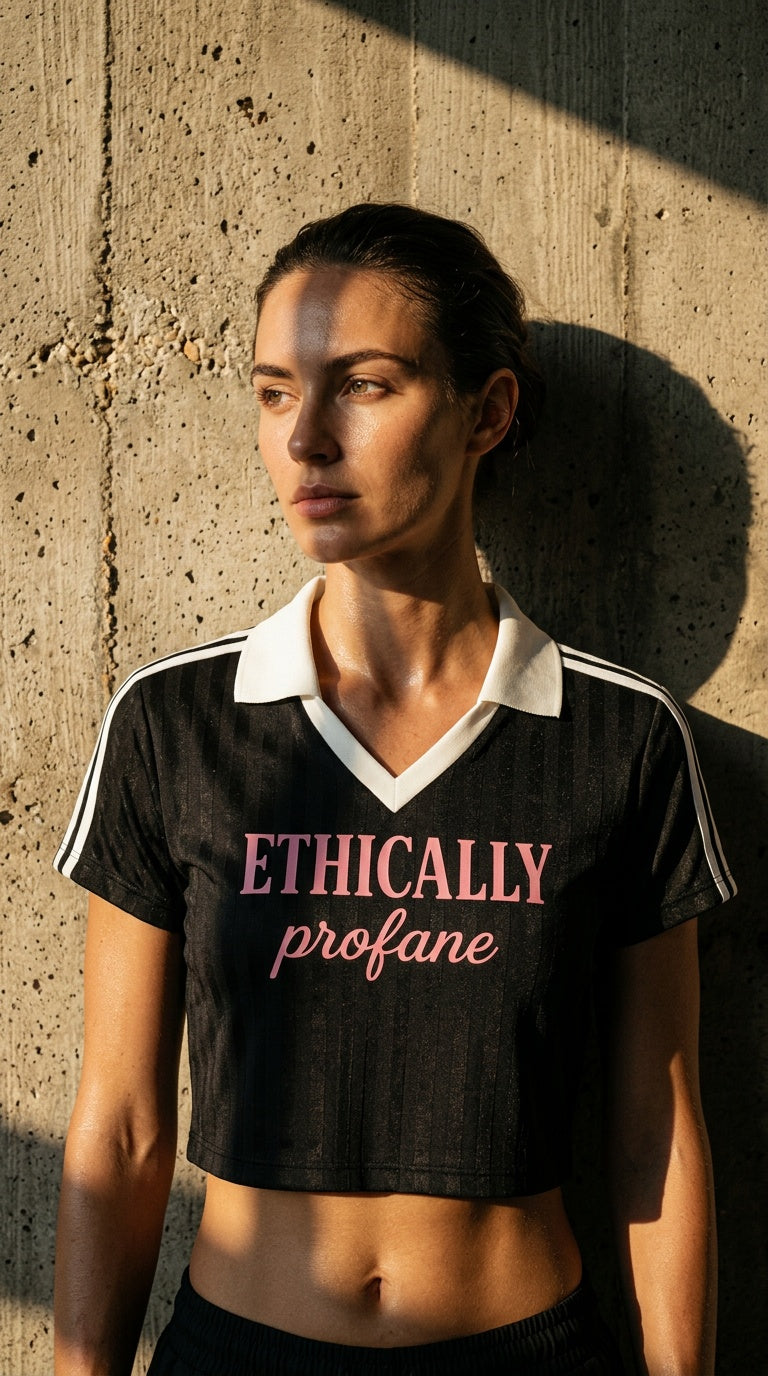 Womens 'ETHICALLY PROFANE' Contrast Collar Striped Cropped Jersey