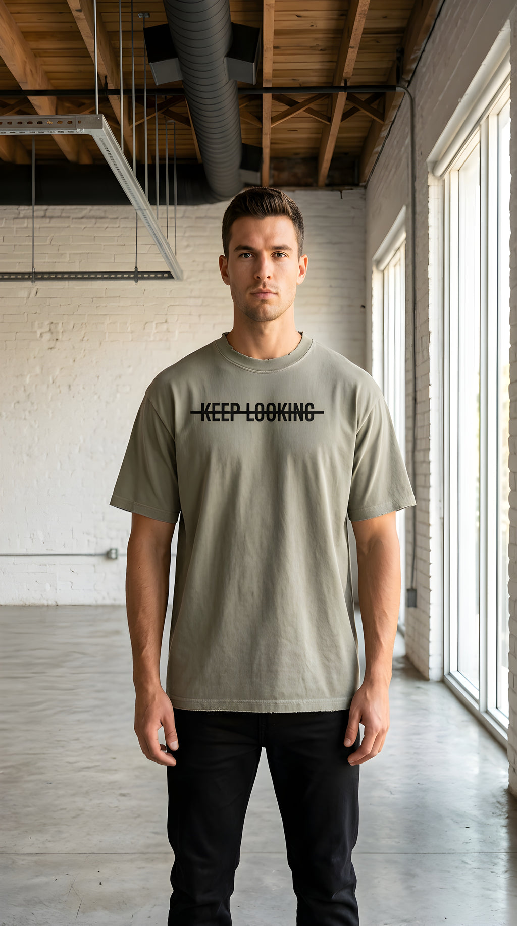 Mens 'KEEP LOOKING' Heavyweight Vintage Washed Frayed Tee