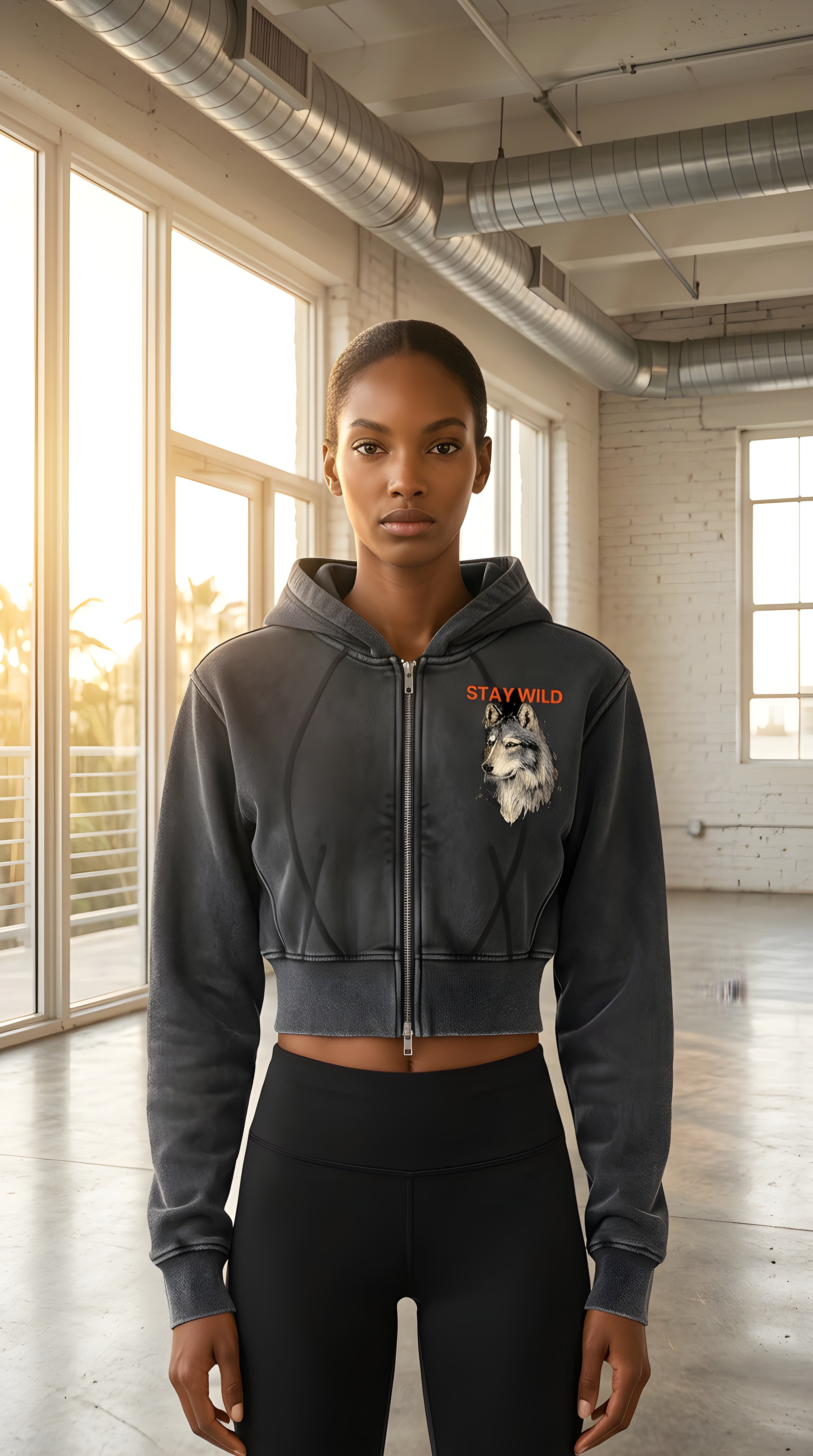 Womens 'STAY WILD' Vintage Washed Cropped Fleece Hoodie