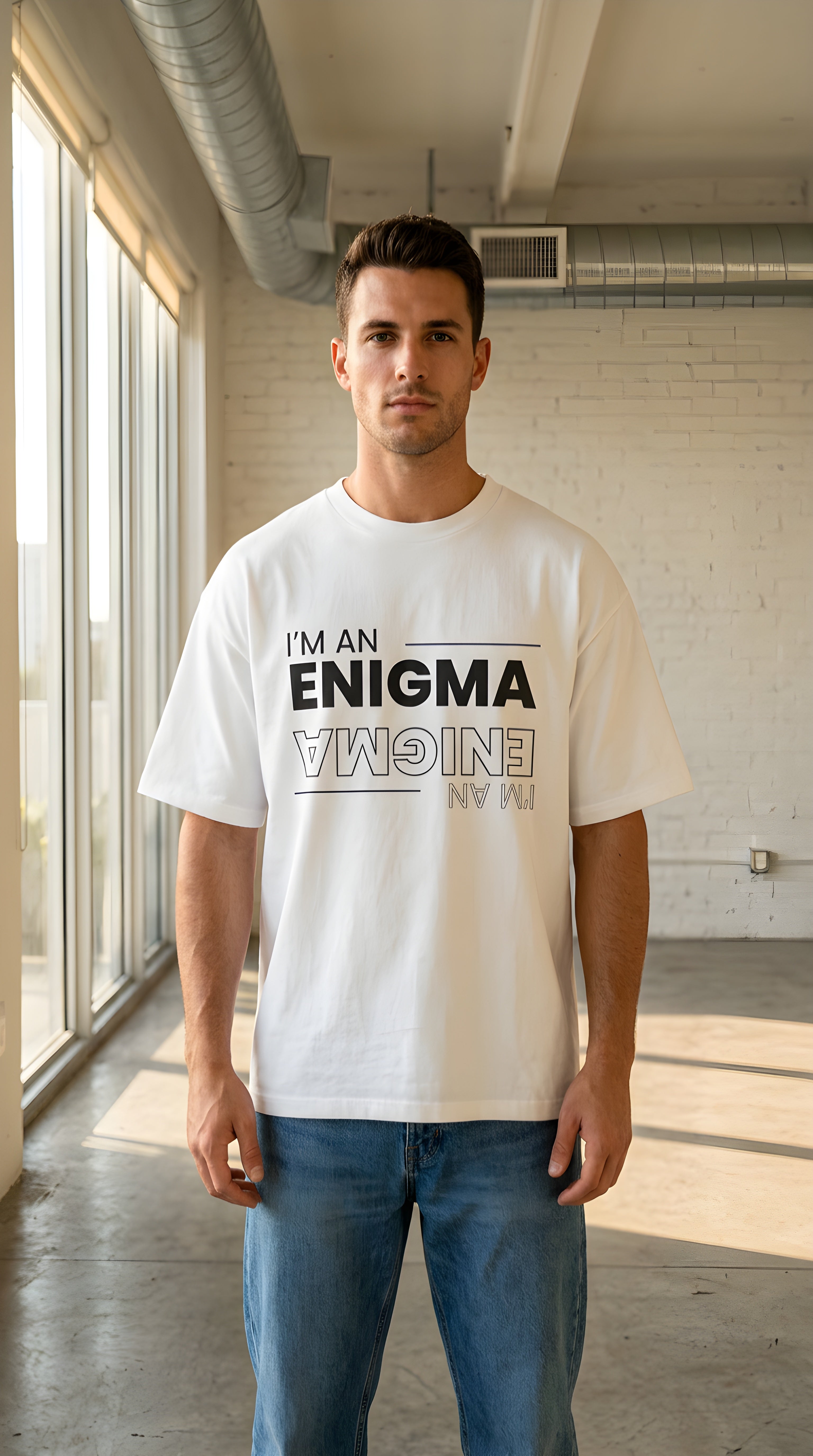 I'm An Enigma Oversized Tee — Graphic Men’s Heavy Cotton Shirt with Back Star & "Blunt & Bold" Print