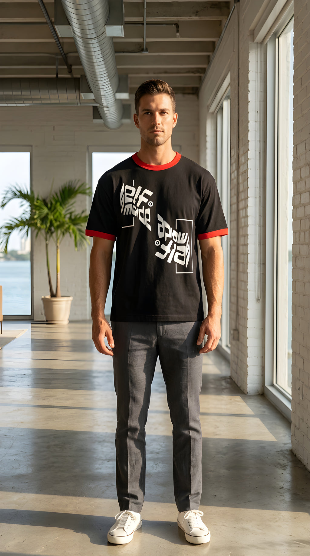 Mens 'SELF MADE; Contrast Edge Ribbed Crewneck Tee