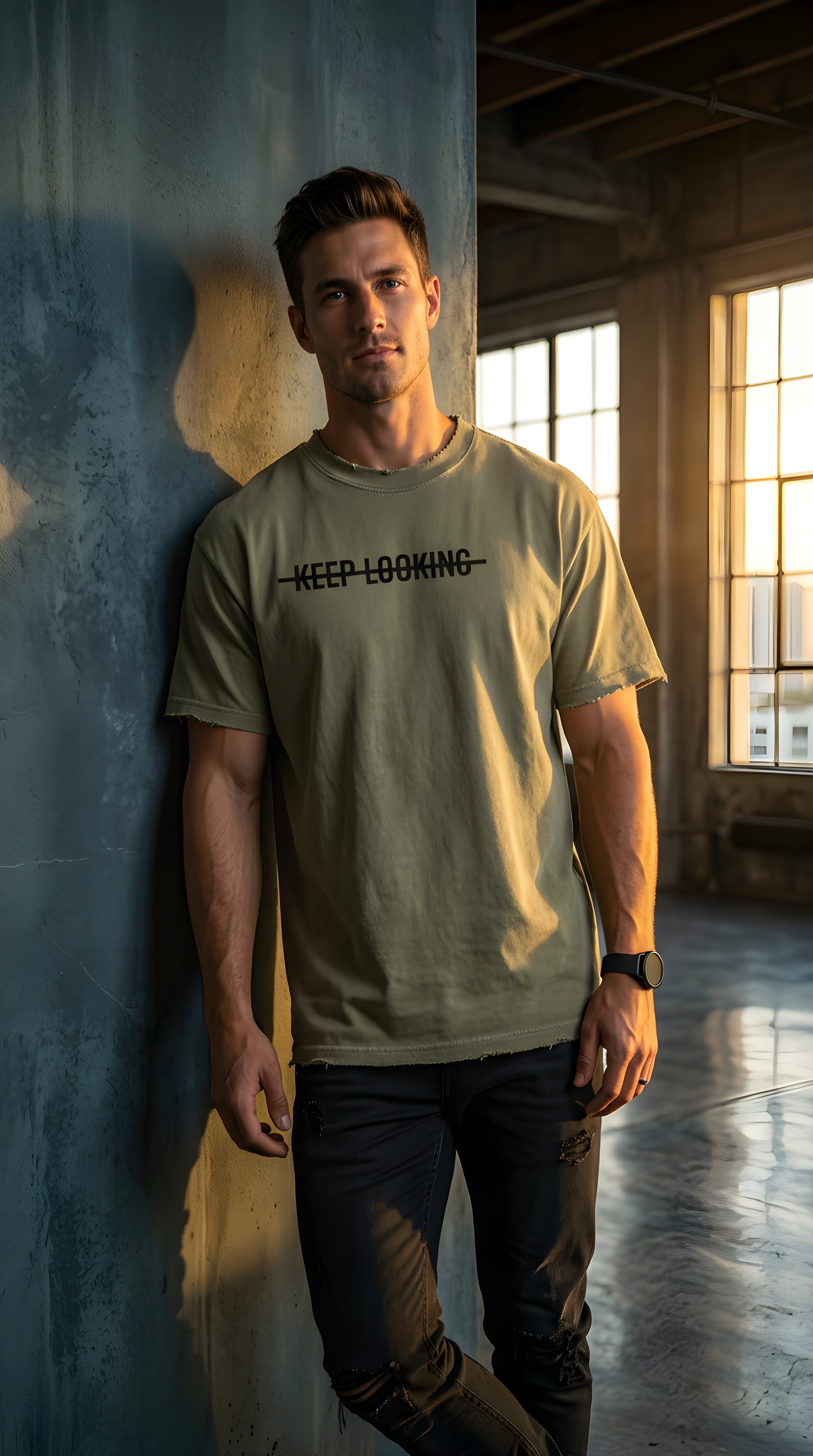 Mens 'KEEP LOOKING' Heavyweight Vintage Washed Frayed Tee
