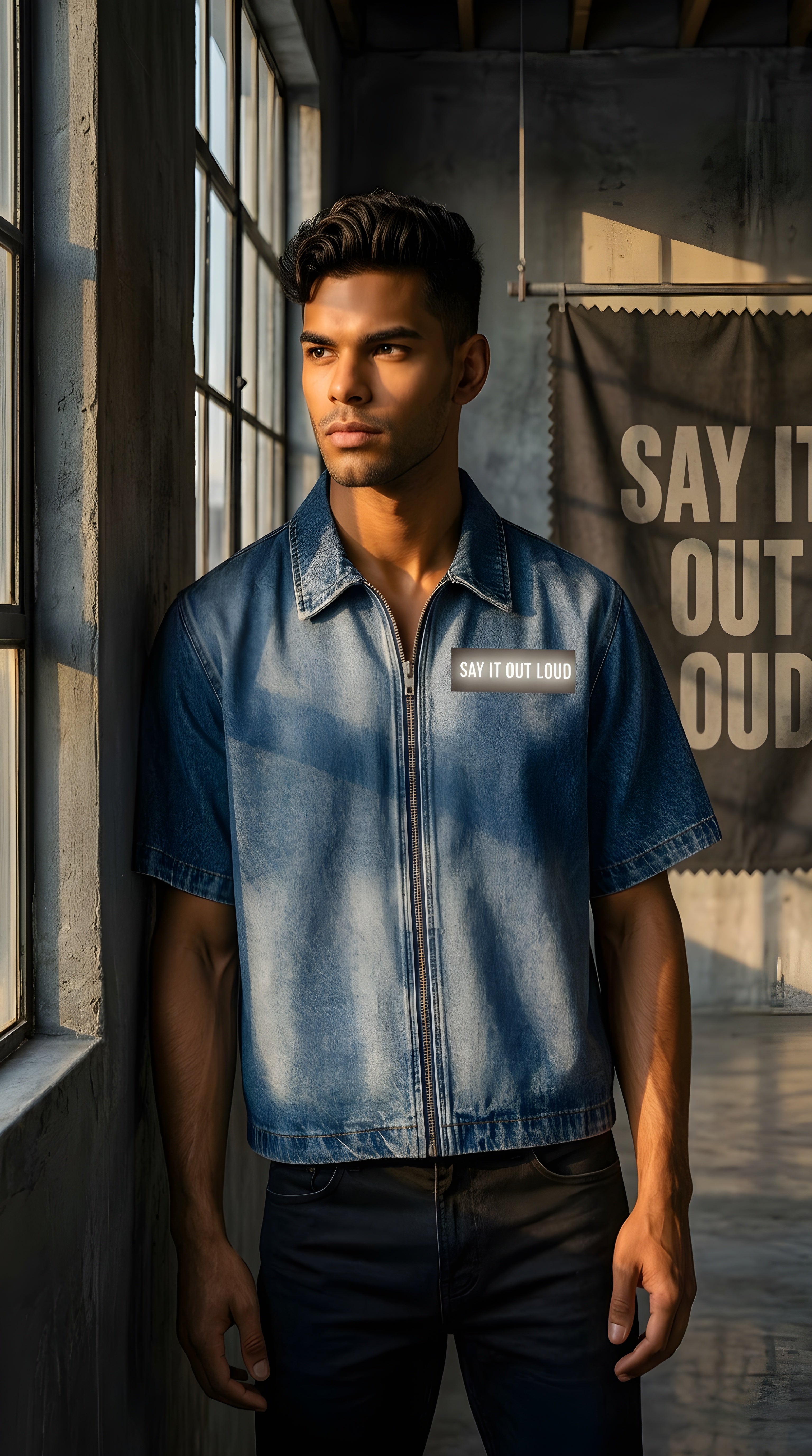 Mens' SAY IT OUT LOUD'  Vintage Washed Full-Zip Denim Shirt