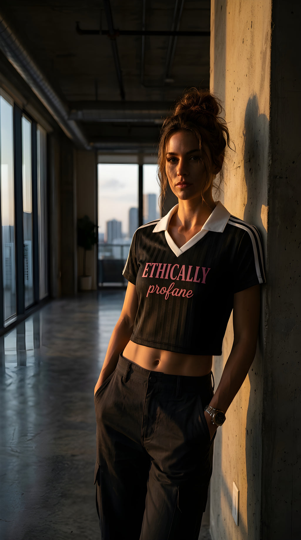 Womens 'ETHICALLY PROFANE' Contrast Collar Striped Cropped Jersey