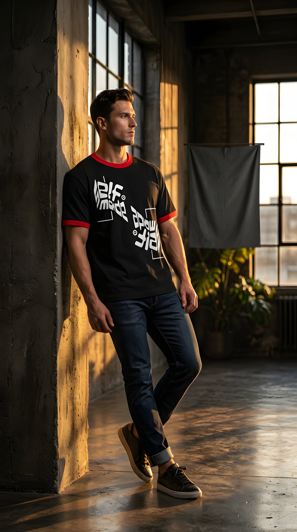 Mens 'SELF MADE; Contrast Edge Ribbed Crewneck Tee