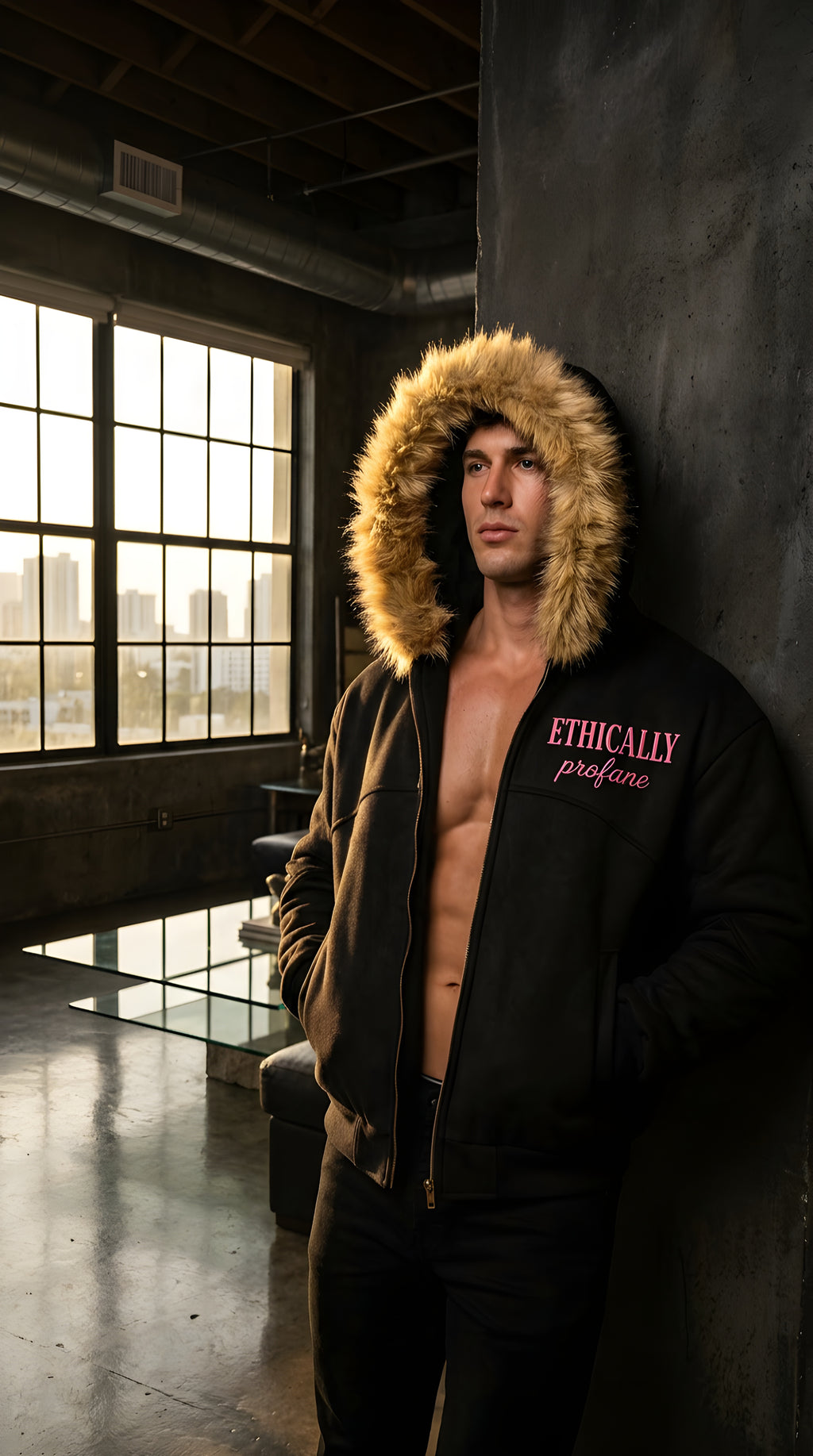 Mens 'ETHICALLY PROFANE' Sun Fade Boxy Detachable Fur Hoodie