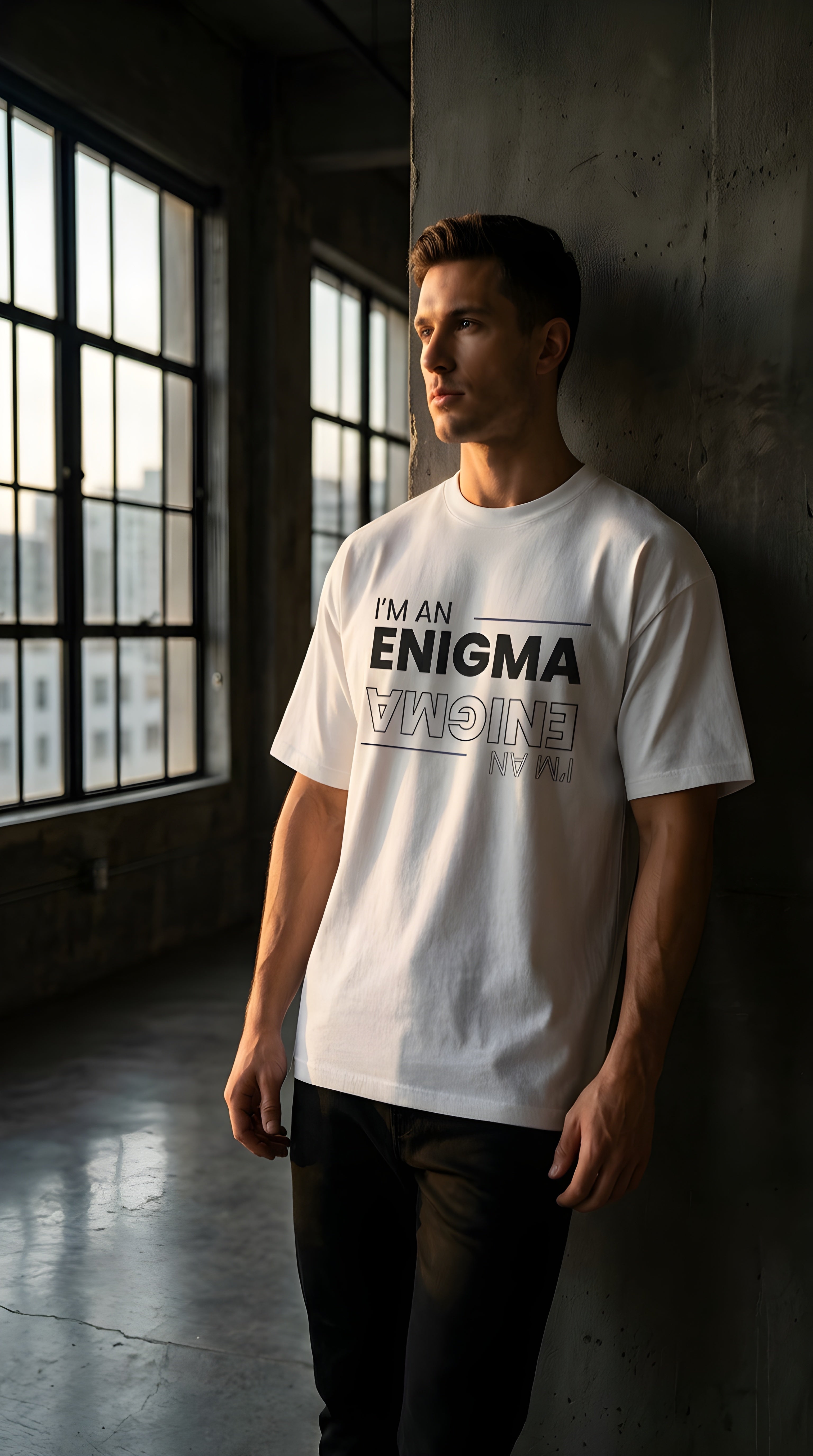 I'm An Enigma Oversized Tee — Graphic Men’s Heavy Cotton Shirt with Back Star & "Blunt & Bold" Print