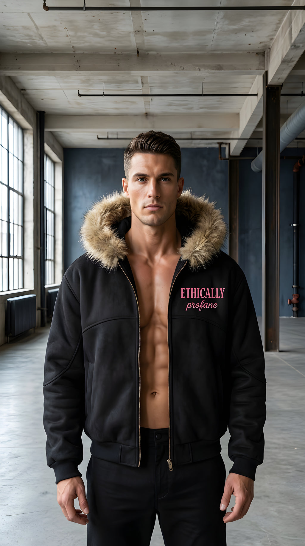 Mens 'ETHICALLY PROFANE' Sun Fade Boxy Detachable Fur Hoodie