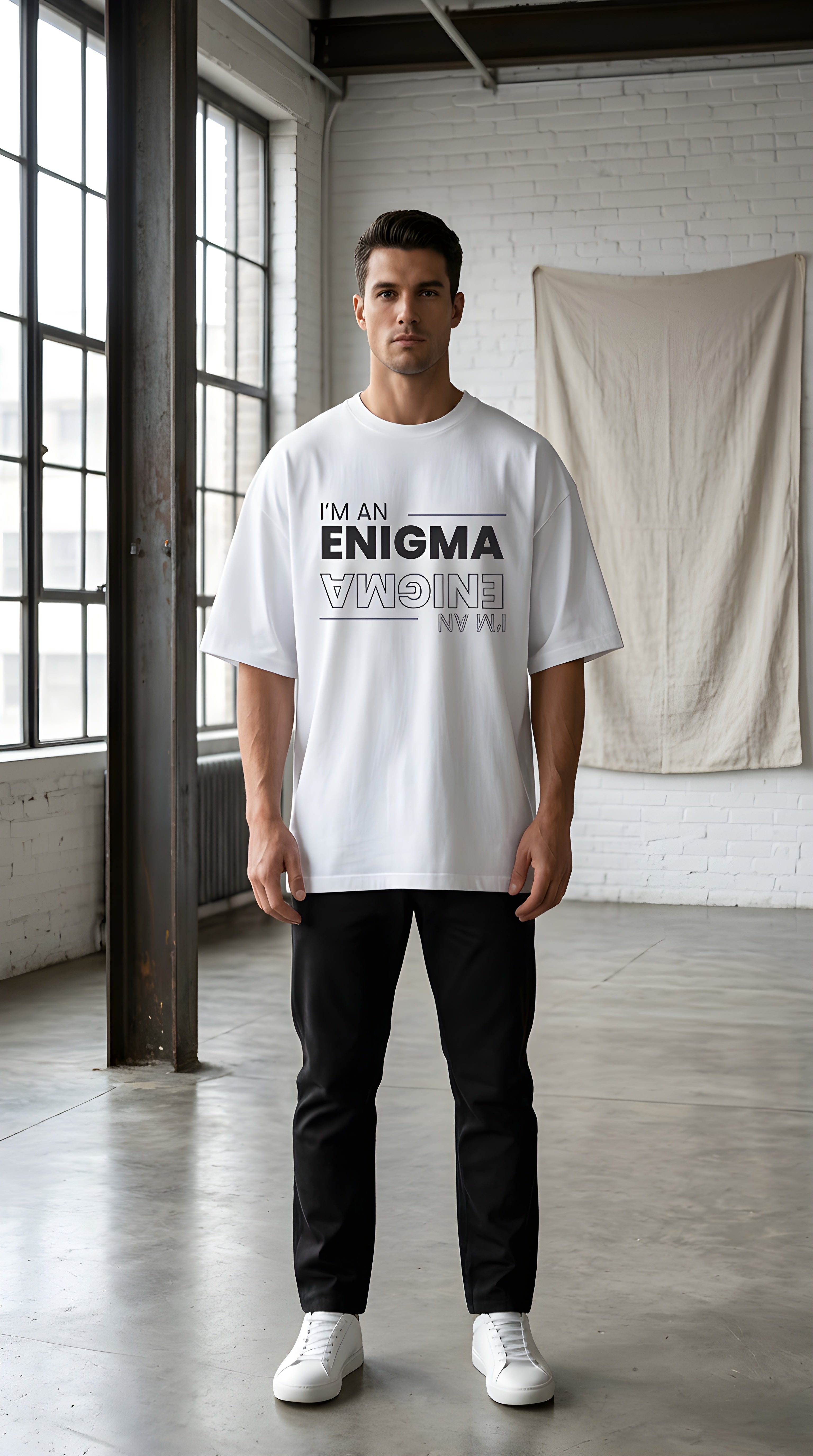 I'm An Enigma Oversized Tee — Graphic Men’s Heavy Cotton Shirt with Back Star & "Blunt & Bold" Print