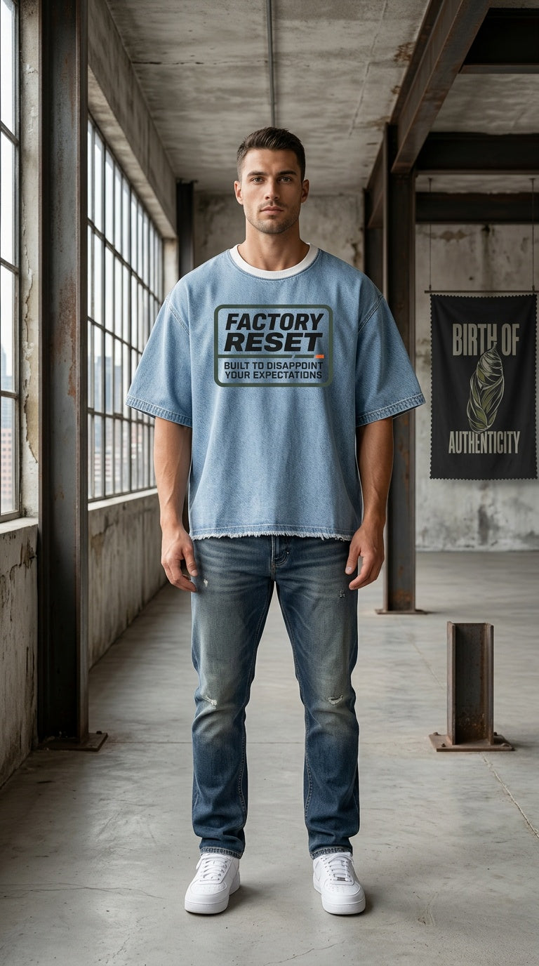 Mens 'EXPECTATIONS' Vintage Wash Boxy Raw Hem Denim Tee