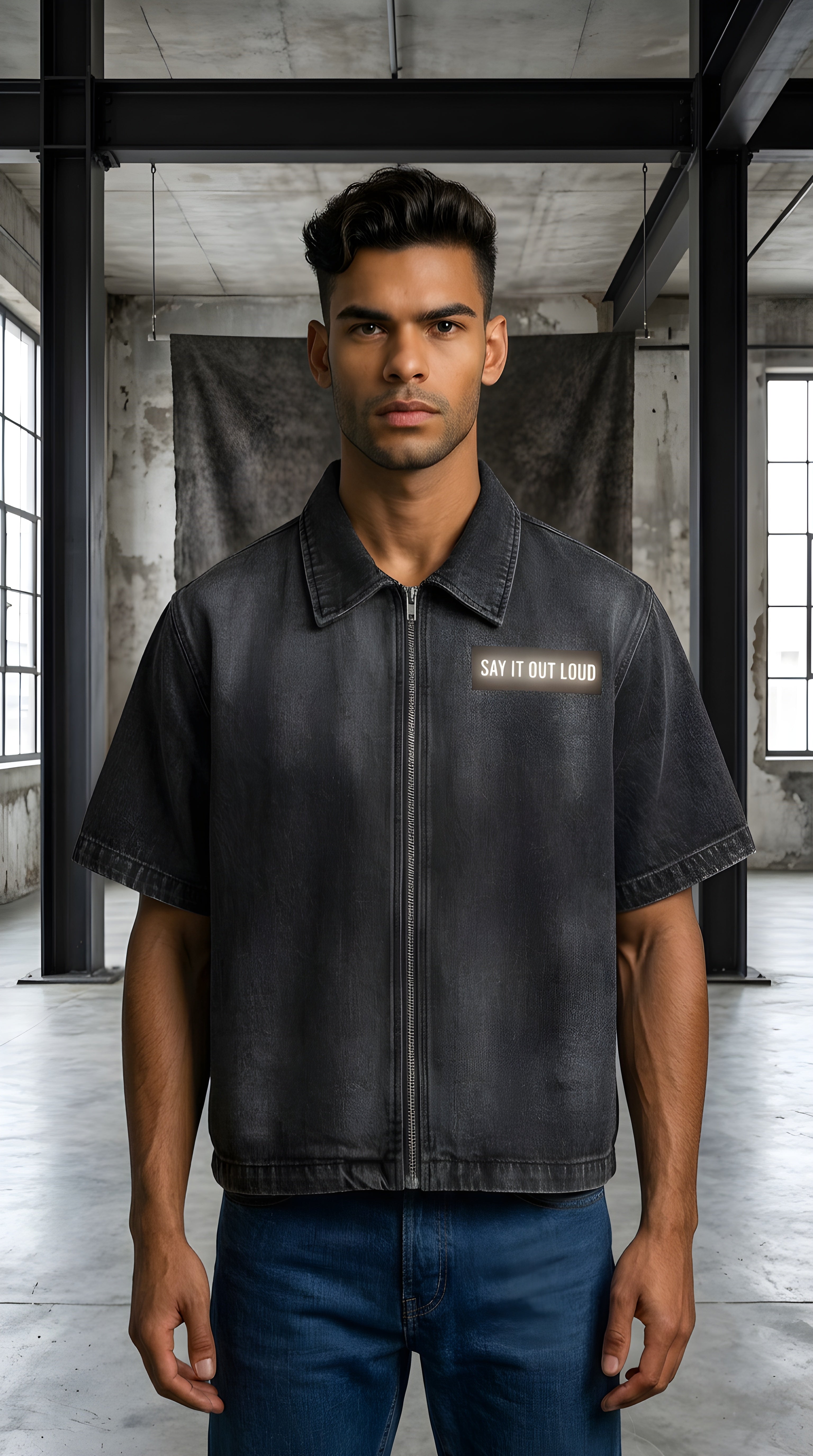 Mens' SAY IT OUT LOUD'  Vintage Washed Full-Zip Denim Shirt