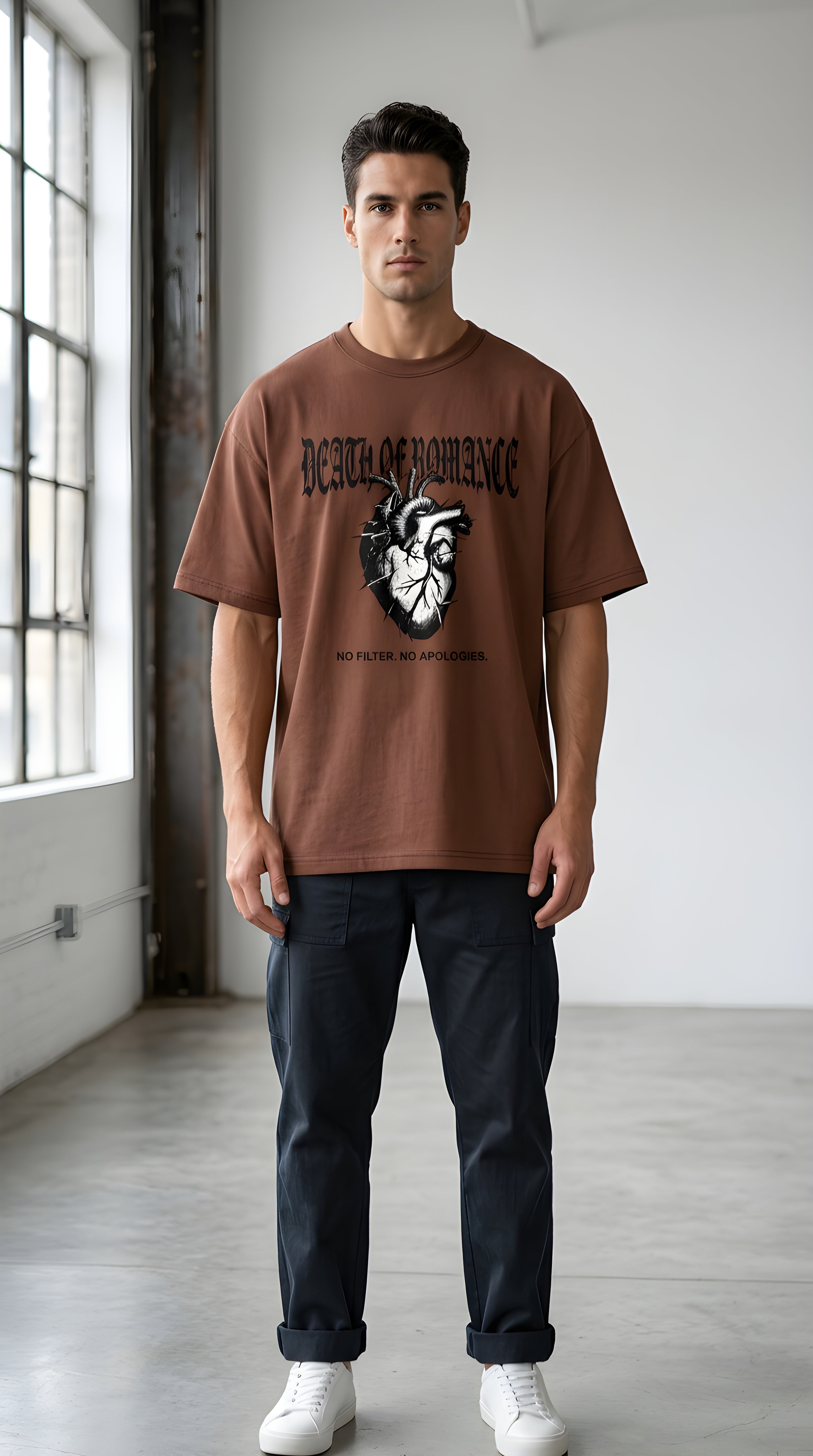 Death of Romance Graphic Tee — “No Filter. No Apologies.” Oversized Men’s Shirt