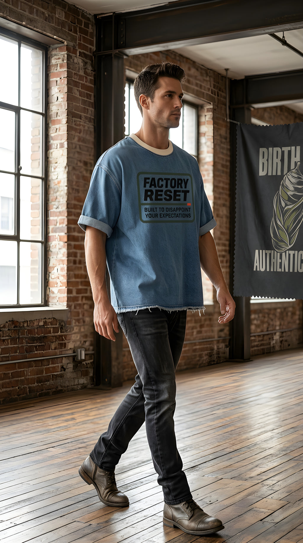 Mens 'EXPECTATIONS' Vintage Wash Boxy Raw Hem Denim Tee
