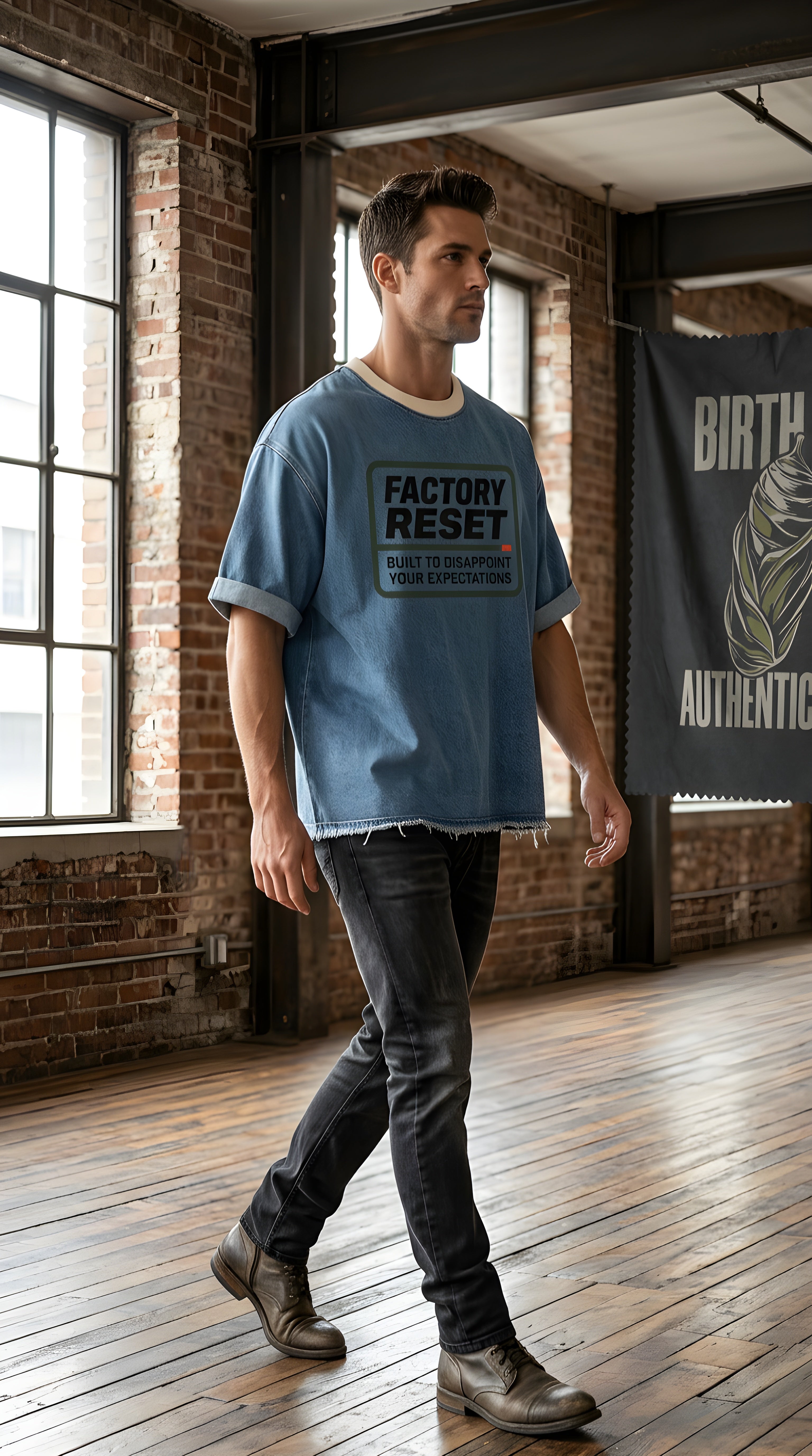 Mens 'EXPECTATIONS' Vintage Wash Boxy Raw Hem Denim Tee
