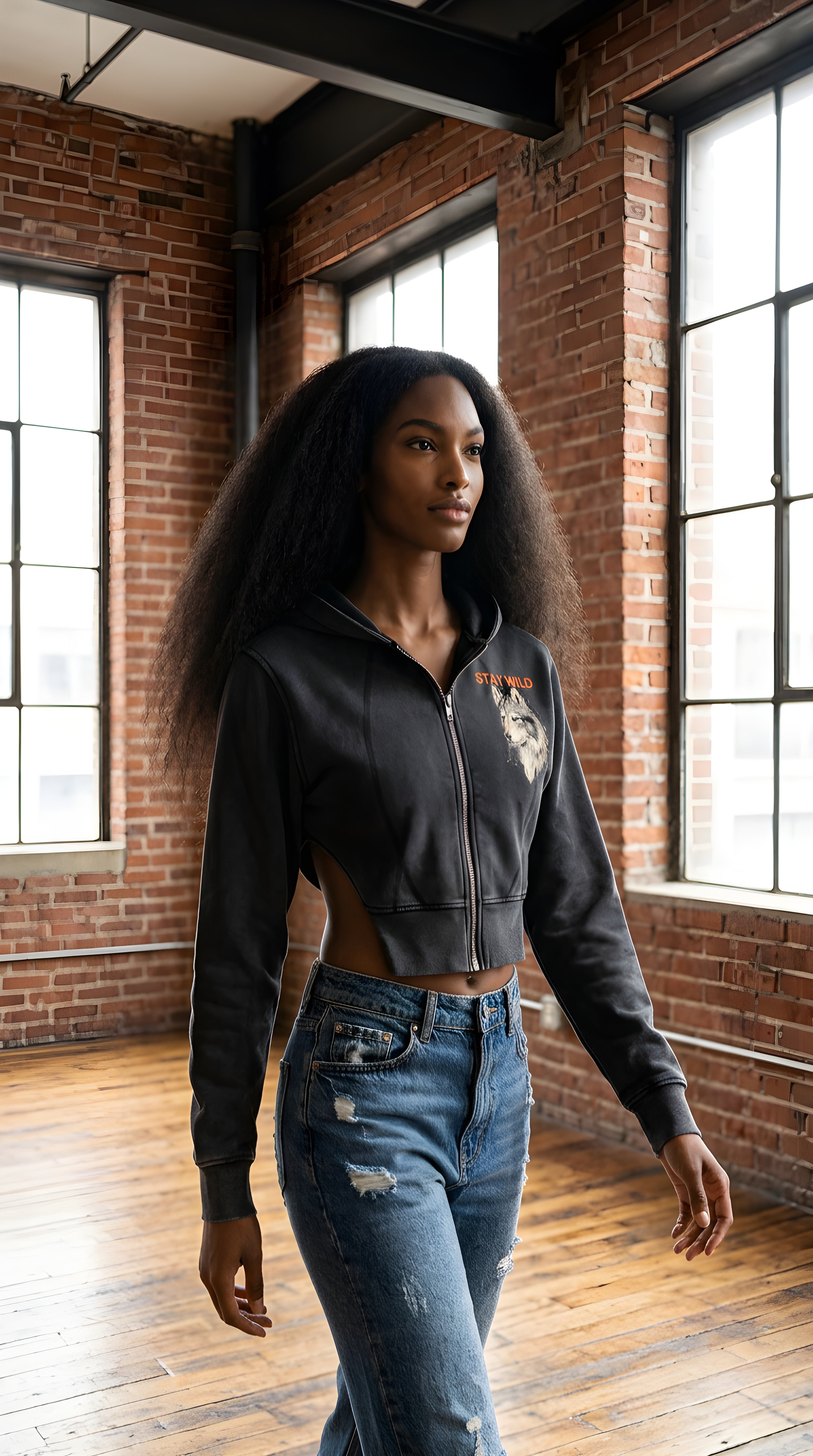 Womens 'STAY WILD' Vintage Washed Cropped Fleece Hoodie