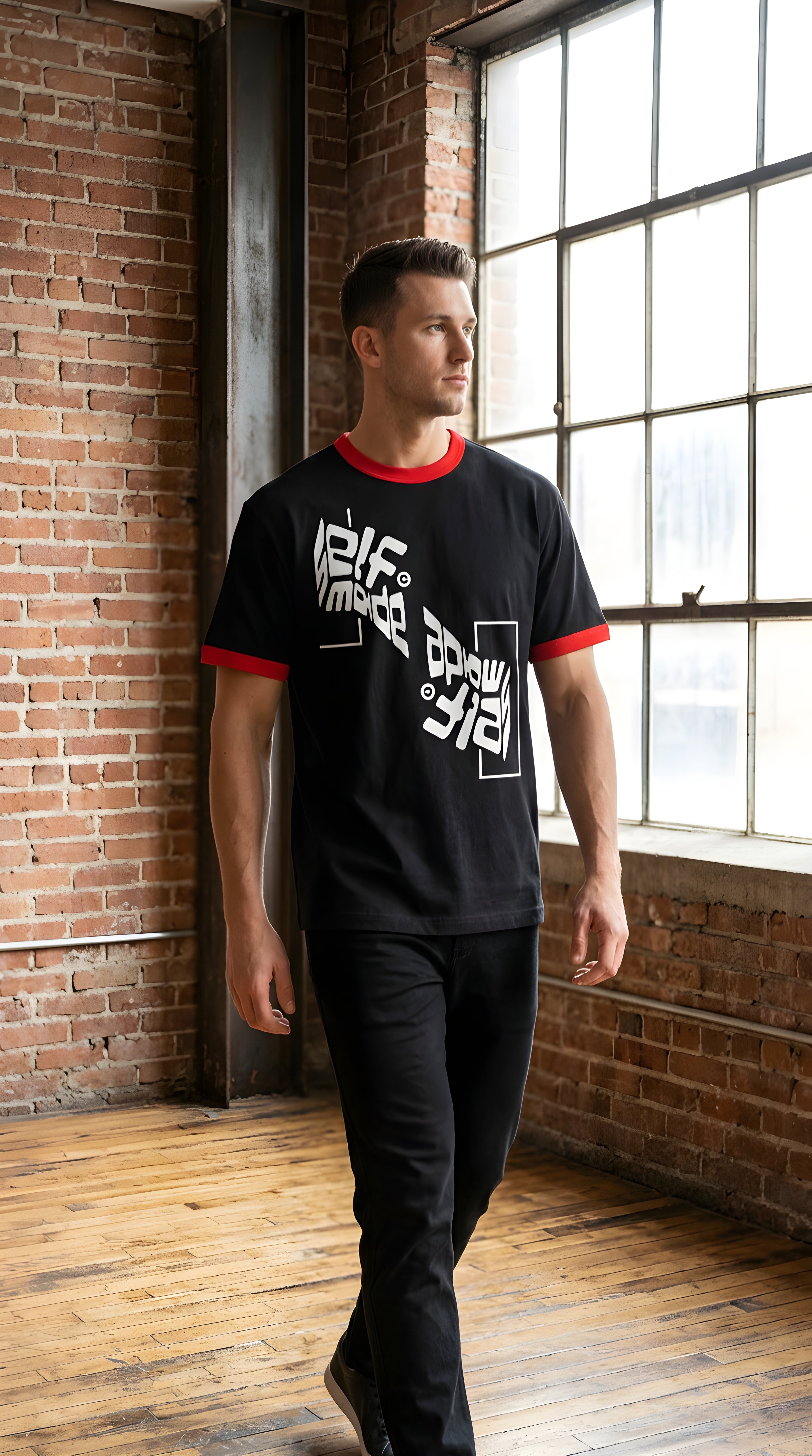 Mens 'SELF MADE; Contrast Edge Ribbed Crewneck Tee