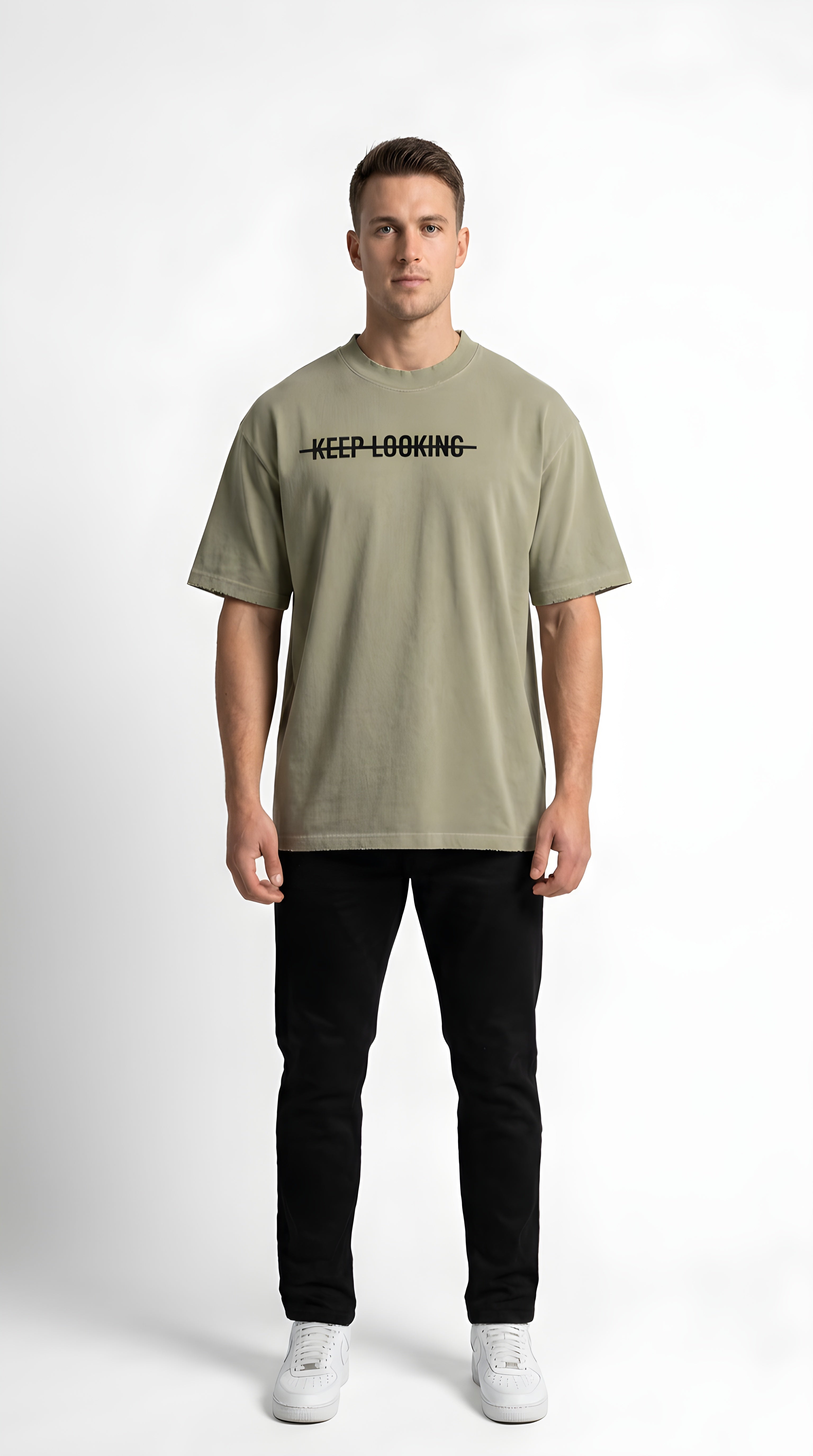 Mens 'KEEP LOOKING' Heavyweight Vintage Washed Frayed Tee