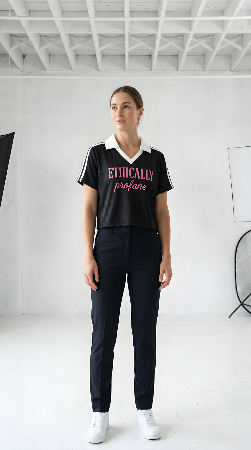 Womens 'ETHICALLY PROFANE' Contrast Collar Striped Cropped Jersey