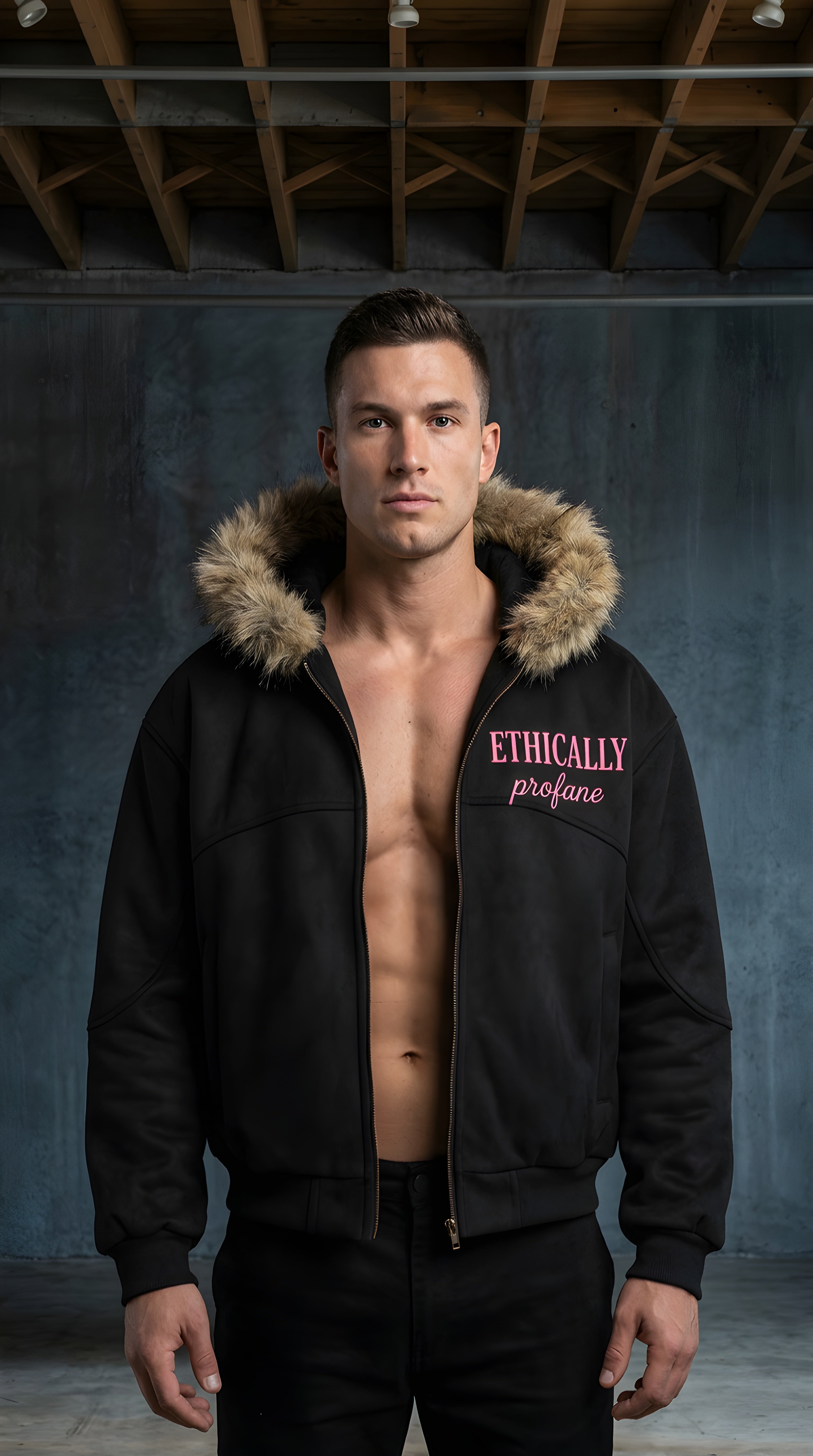 Mens 'ETHICALLY PROFANE' Sun Fade Boxy Detachable Fur Hoodie