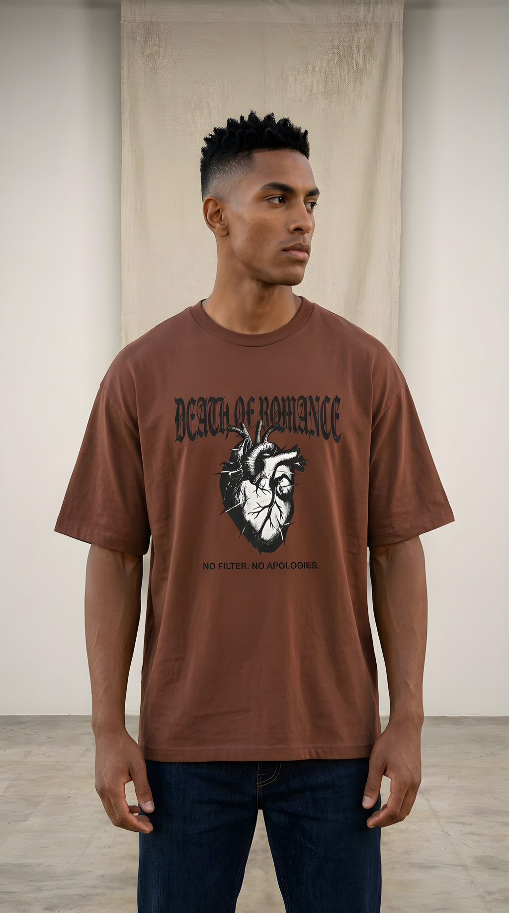 Death of Romance Graphic Tee — “No Filter. No Apologies.” Oversized Men’s Shirt