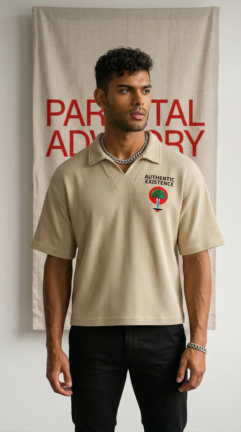 Mens 'AUTHENTIC EXISENCE' Waffle Polo — Raw & Bold