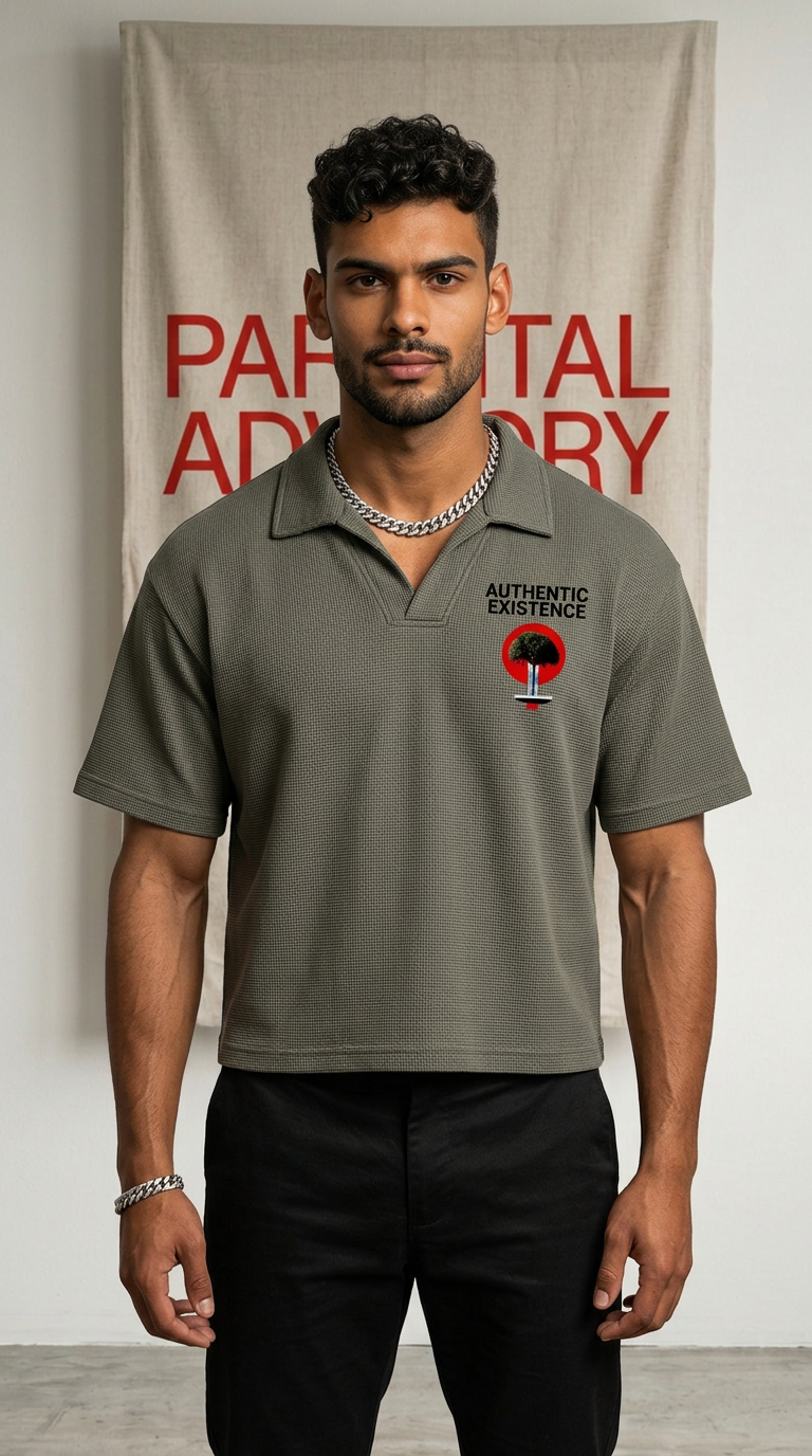 Mens 'AUTHENTIC EXISENCE' Waffle Polo — Raw & Bold