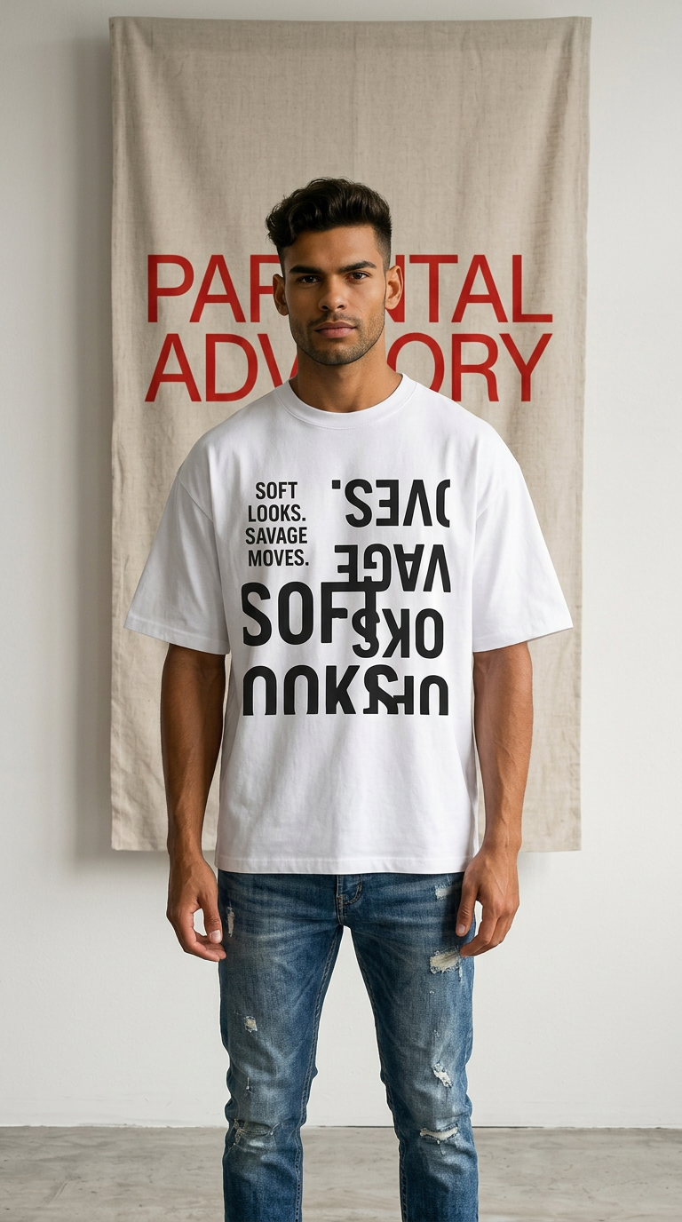 Oversized Graphic Tee — “Soft Looks. Savage Moves.” Bold Typography Shirt