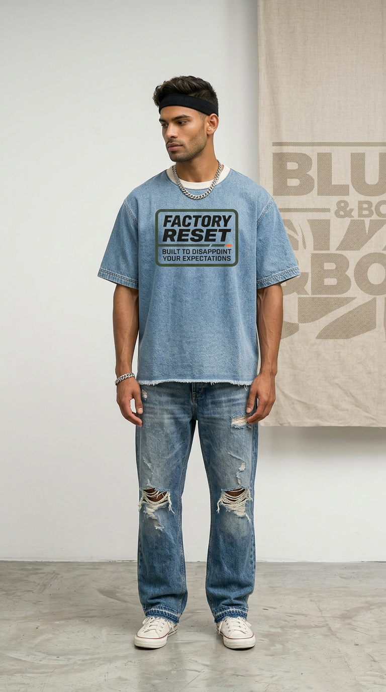 Mens 'EXPECTATIONS' Vintage Wash Boxy Raw Hem Denim Tee