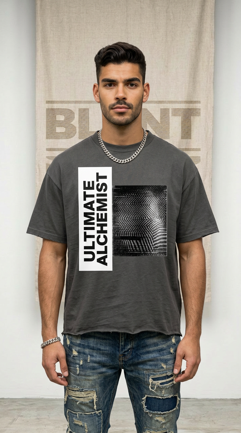 Mens 'ULTIMATE ALCHEMIST' Vintage Wash Boxy Distressed Hem Tee