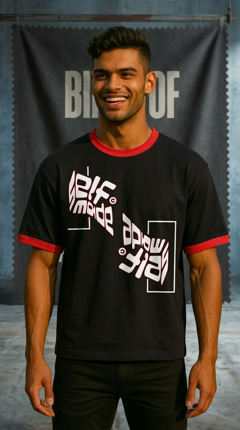 Mens 'SELF MADE; Contrast Edge Ribbed Crewneck Tee