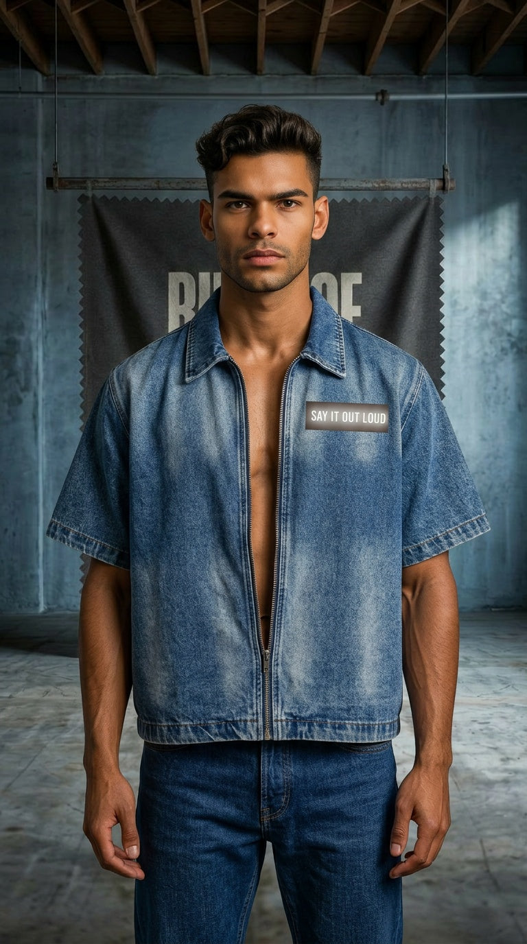 Mens' SAY IT OUT LOUD'  Vintage Washed Full-Zip Denim Shirt