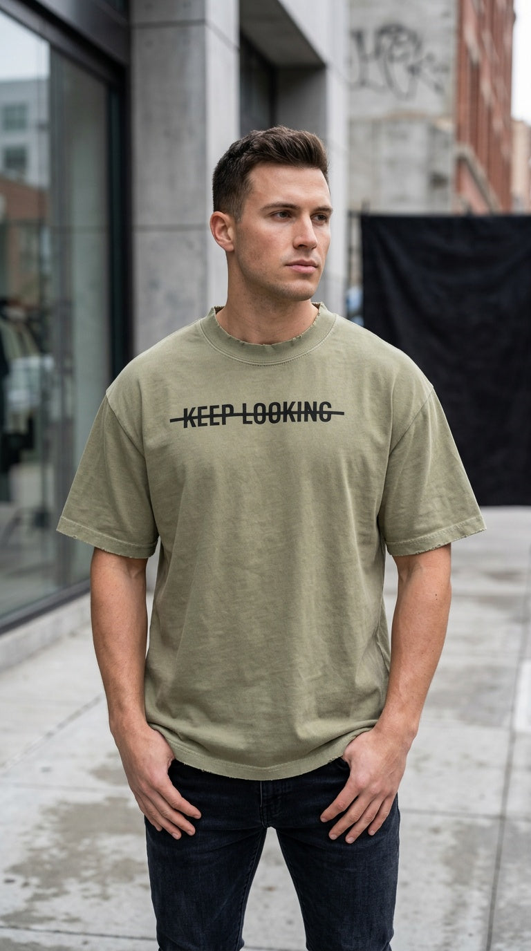 Mens 'KEEP LOOKING' Heavyweight Vintage Washed Frayed Tee