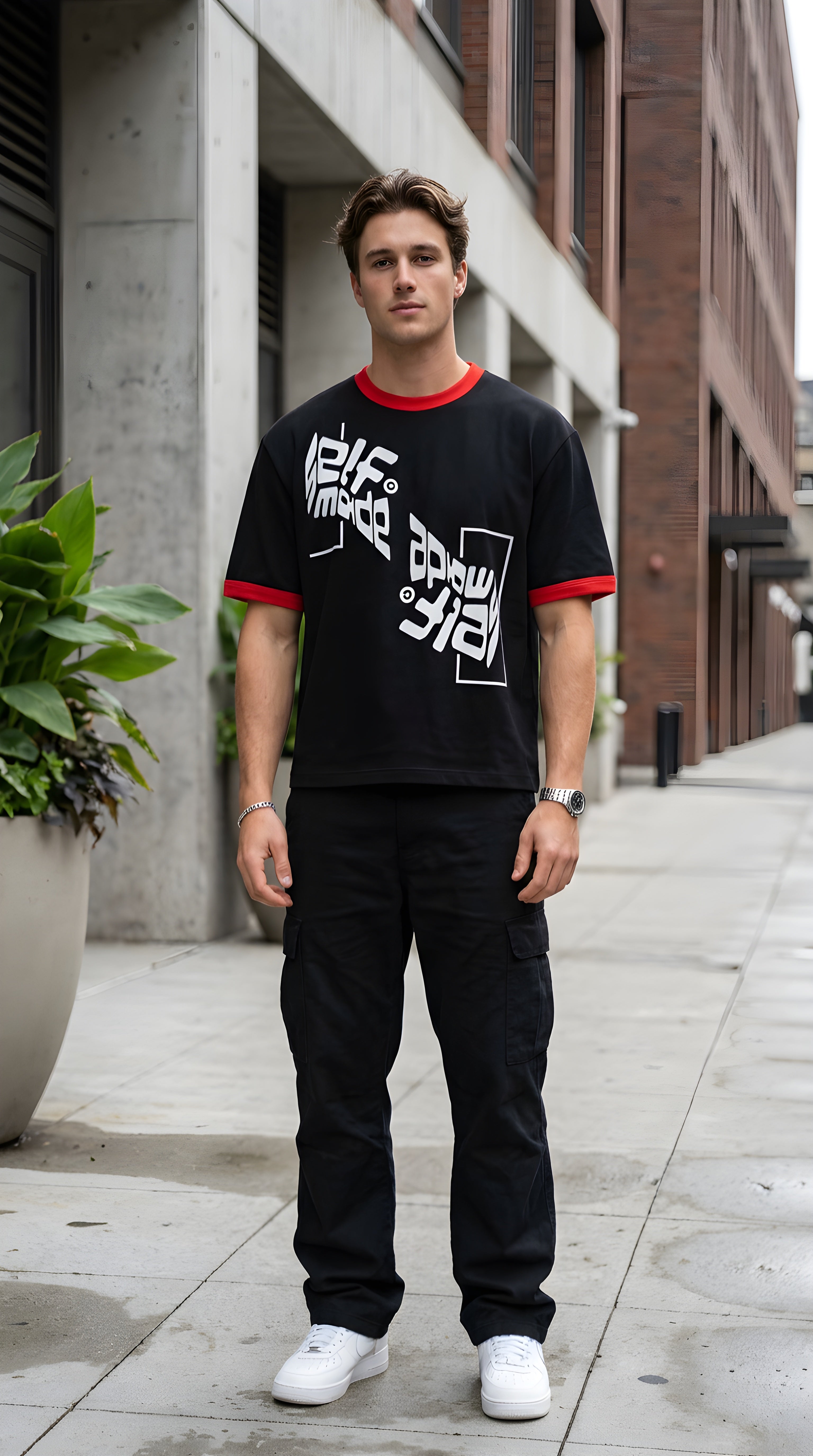 Mens 'SELF MADE; Contrast Edge Ribbed Crewneck Tee
