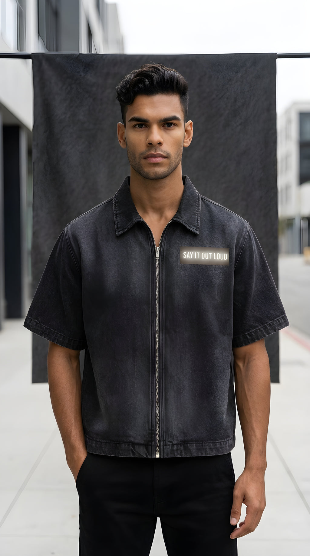 Mens' SAY IT OUT LOUD'  Vintage Washed Full-Zip Denim Shirt