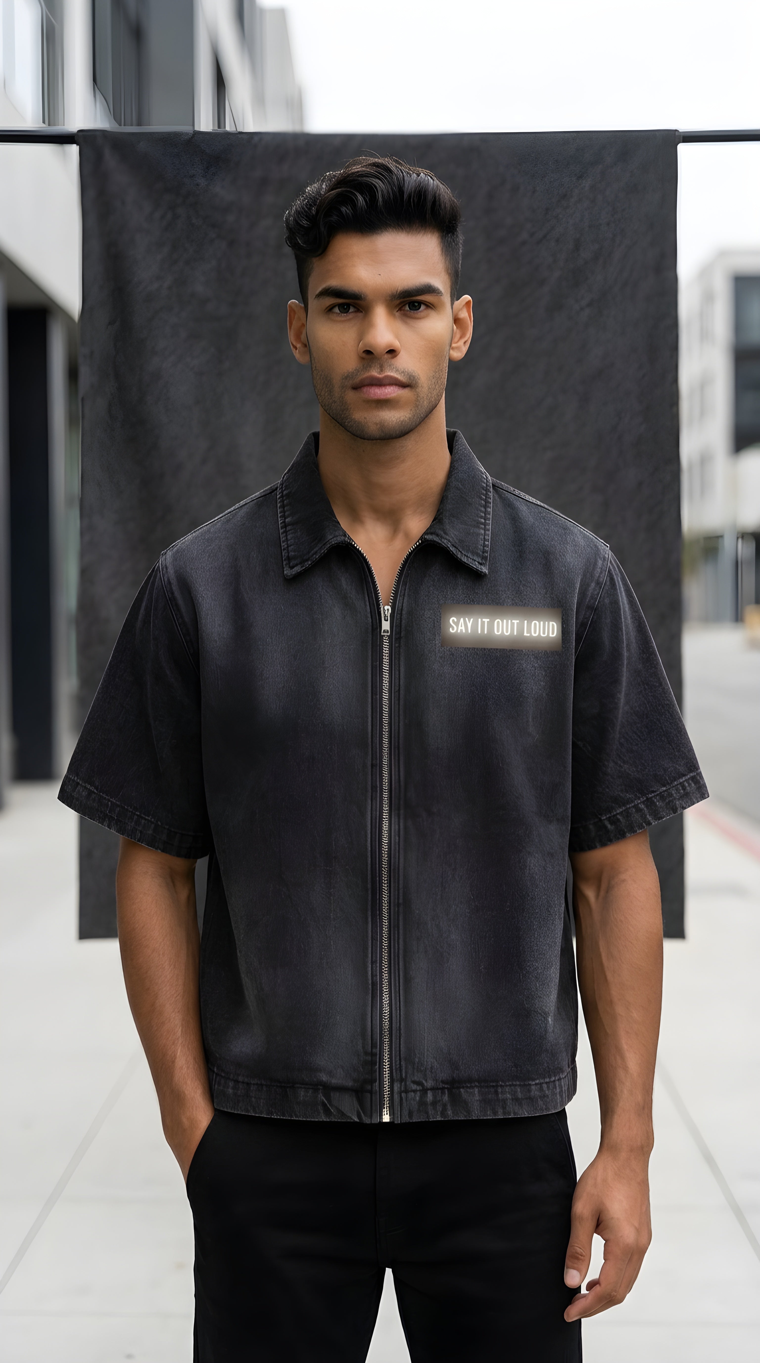 Mens' SAY IT OUT LOUD'  Vintage Washed Full-Zip Denim Shirt