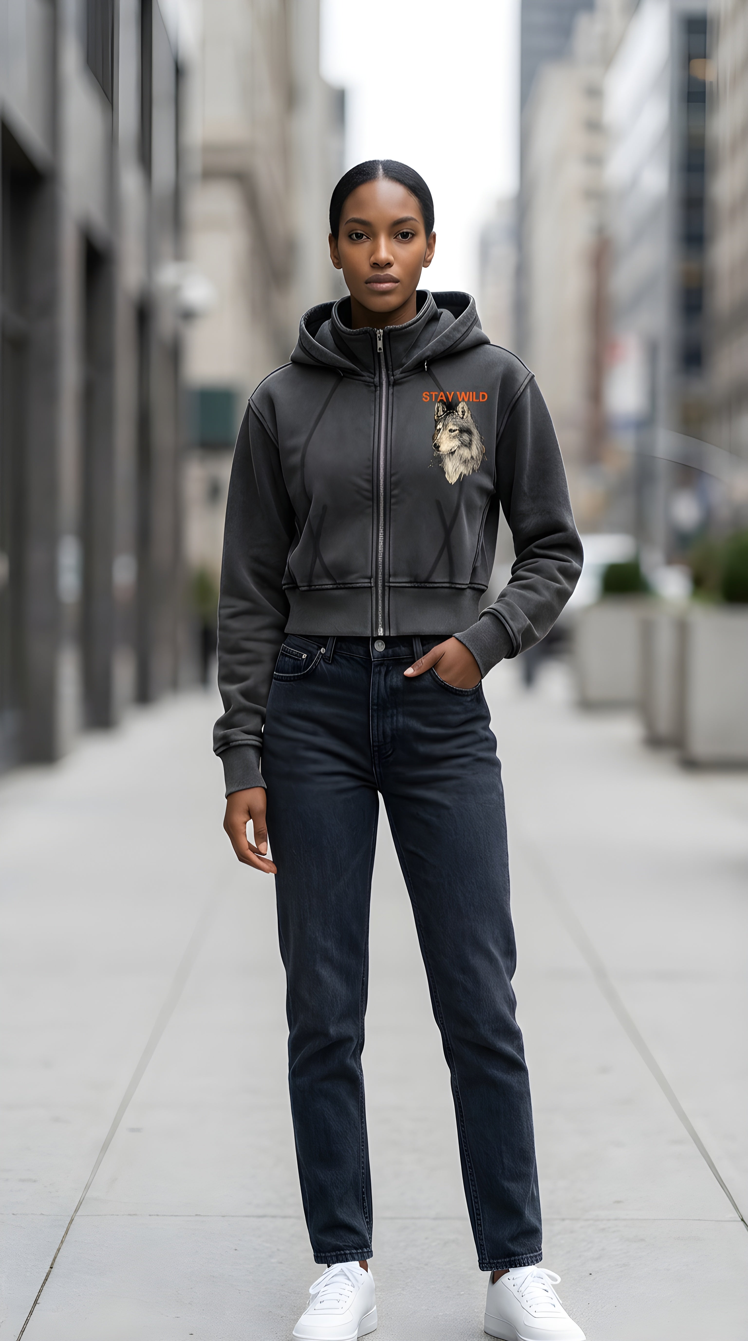 Womens 'STAY WILD' Vintage Washed Cropped Fleece Hoodie