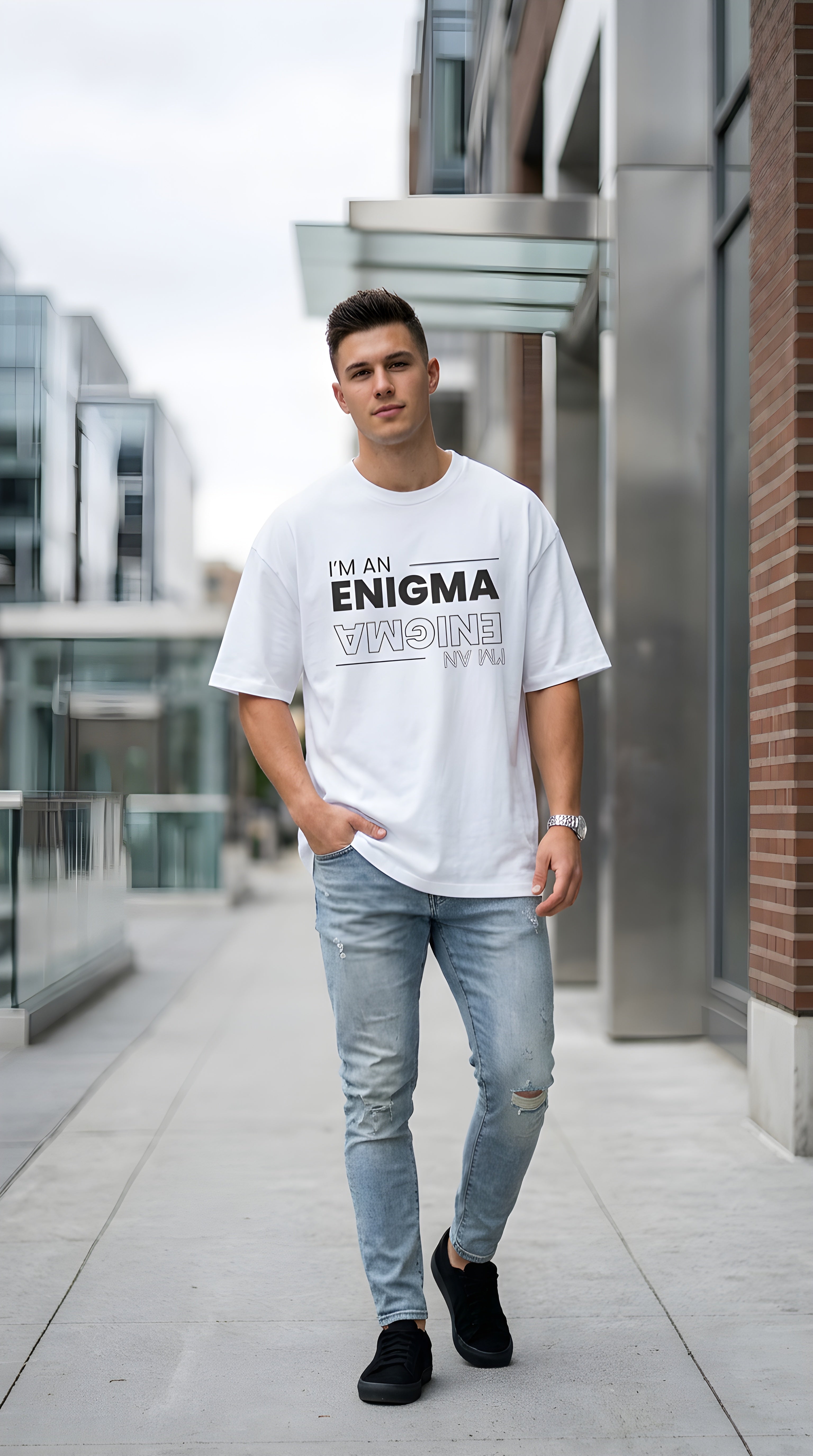 I'm An Enigma Oversized Tee — Graphic Men’s Heavy Cotton Shirt with Back Star & "Blunt & Bold" Print