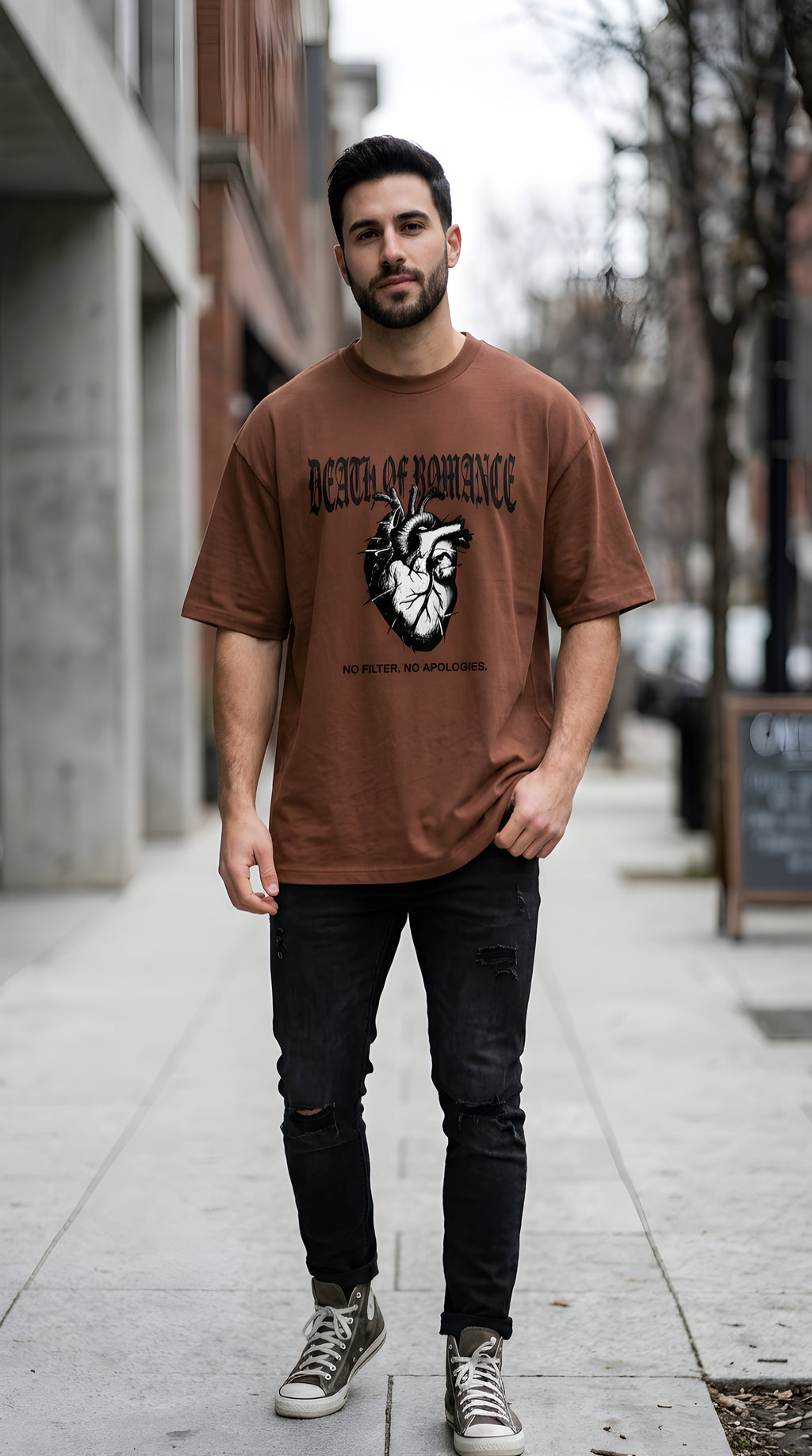 Death of Romance Graphic Tee — “No Filter. No Apologies.” Oversized Men’s Shirt