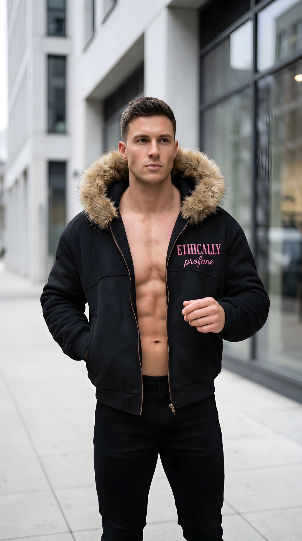 Mens 'ETHICALLY PROFANE' Sun Fade Boxy Detachable Fur Hoodie